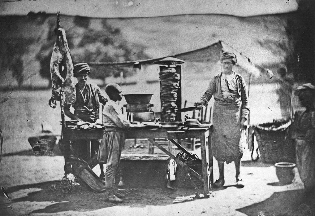 Meat seller and vertical spit photographed in Constantinople in 1855