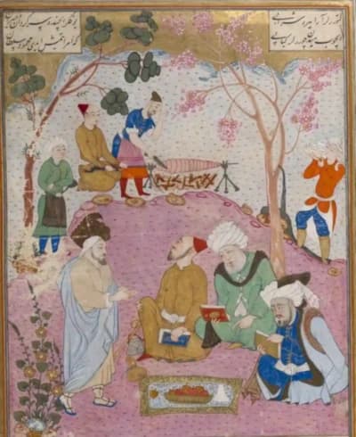 Ottoman miniature from 1616–1620 showing meat cooking horizontally on a spit