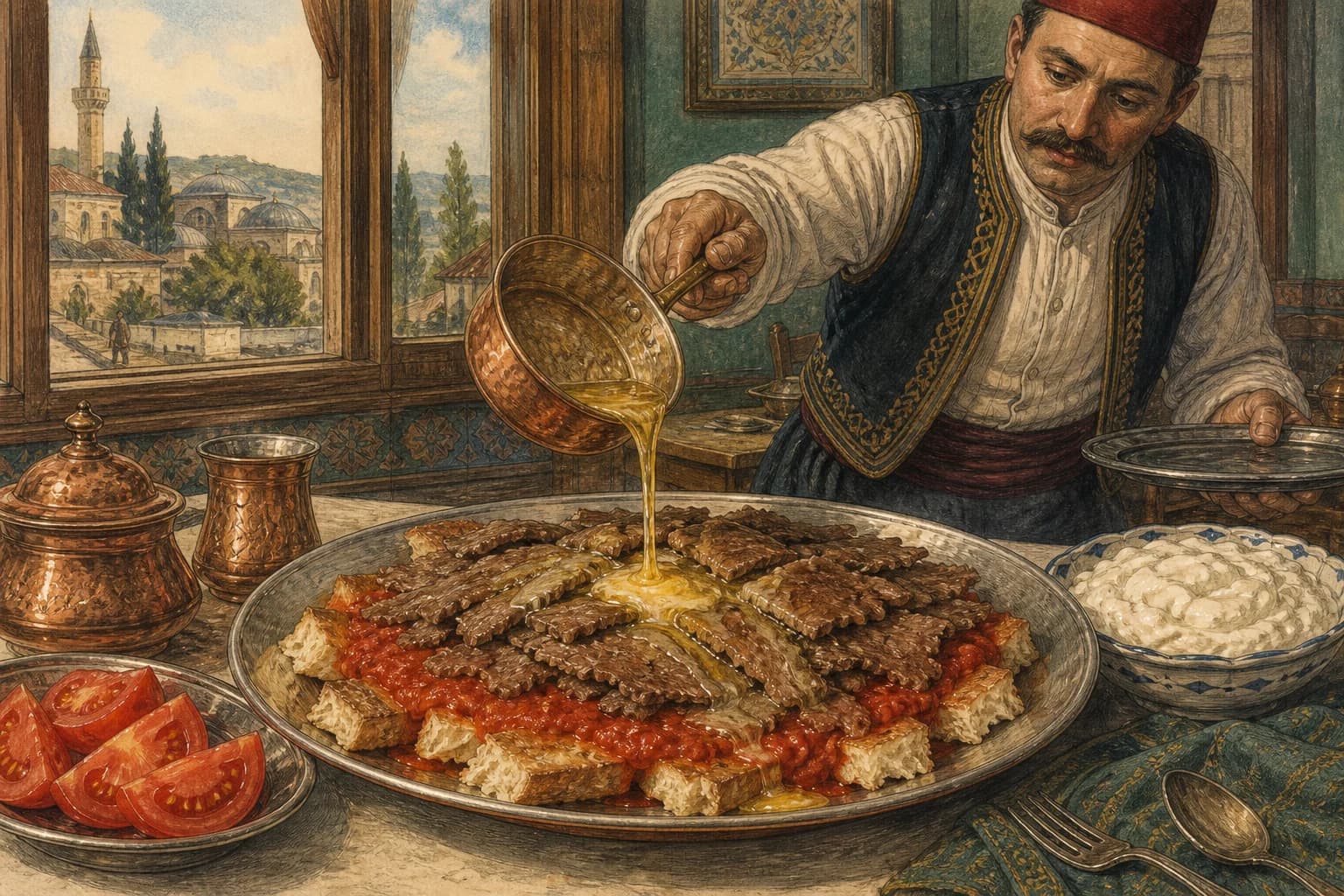 Bursa İskender with döner, pide, tomato, melted butter and yoghurt