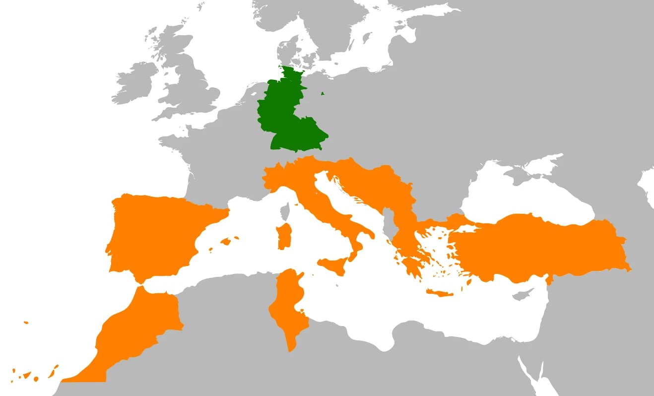 Map of countries that signed West German recruitment agreements from 1955 to 1968