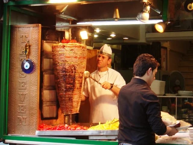 Visible döner spit at a restaurant counter in Istanbul