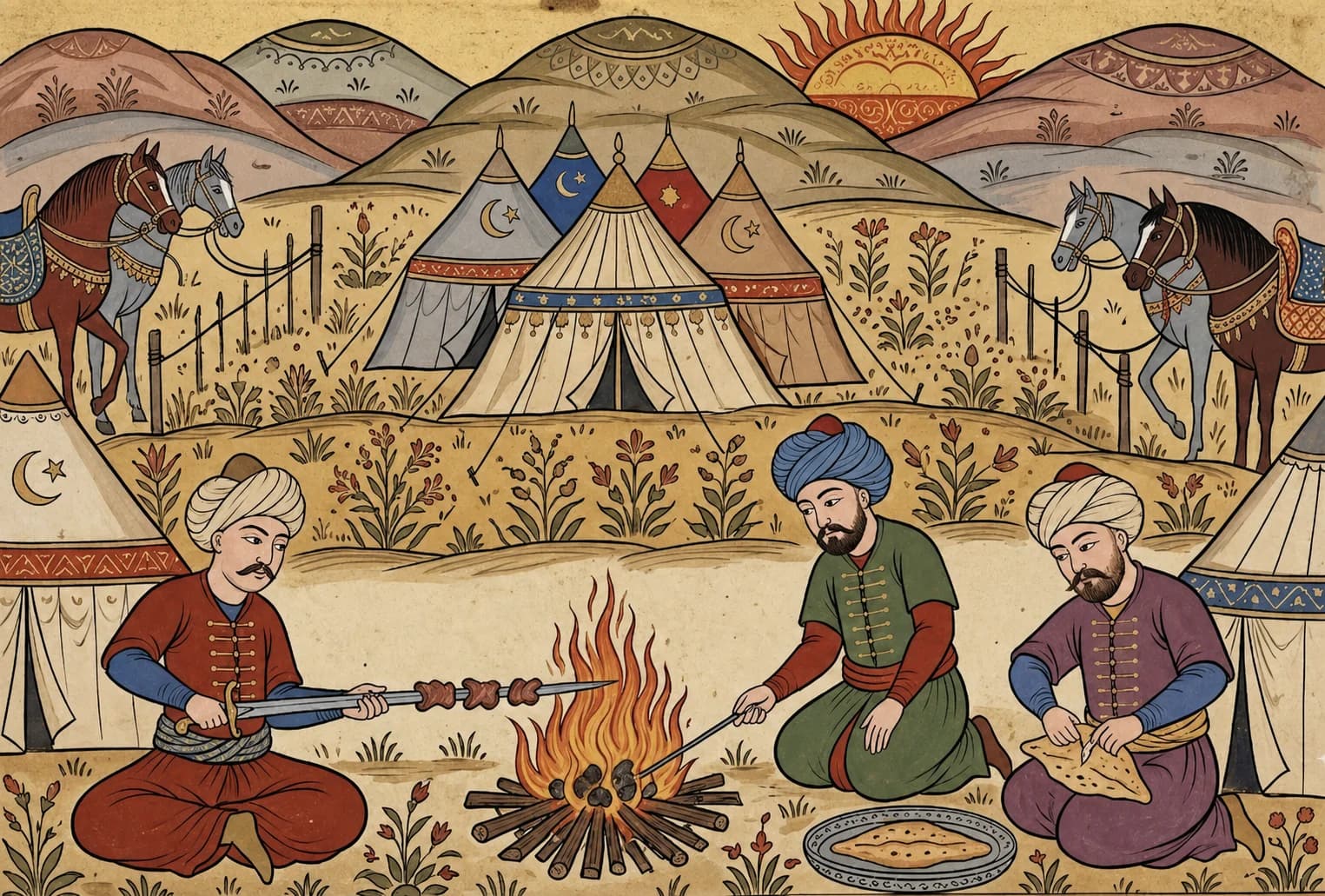 Ottoman-miniature-style illustration of soldiers roasting meat on a sword around a campfire