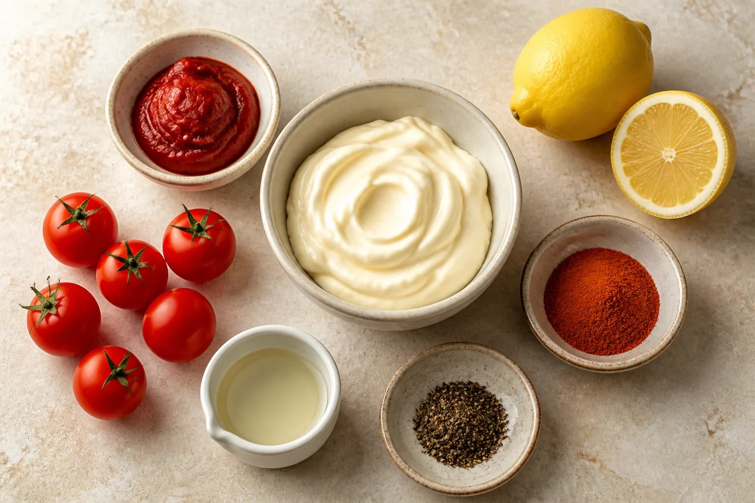 Mayonnaise, tomato, paprika, lemon and vinegar for cocktail sauce