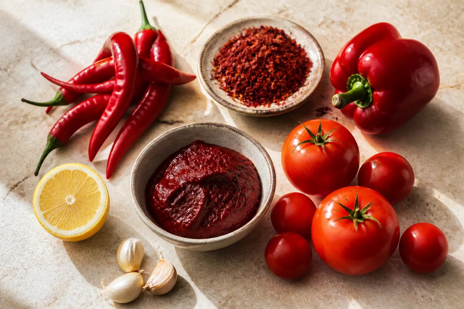Red chillies, pul biber, pepper, tomatoes, garlic, lemon and salça
