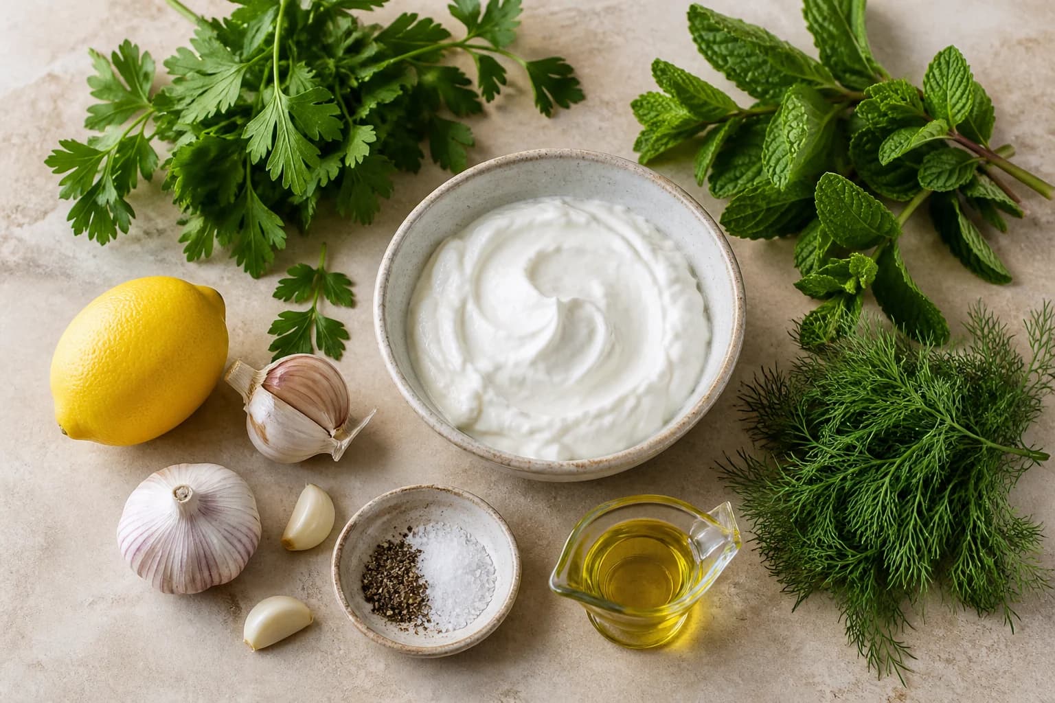 Yoghurt, garlic, lemon, olive oil and fresh herbs