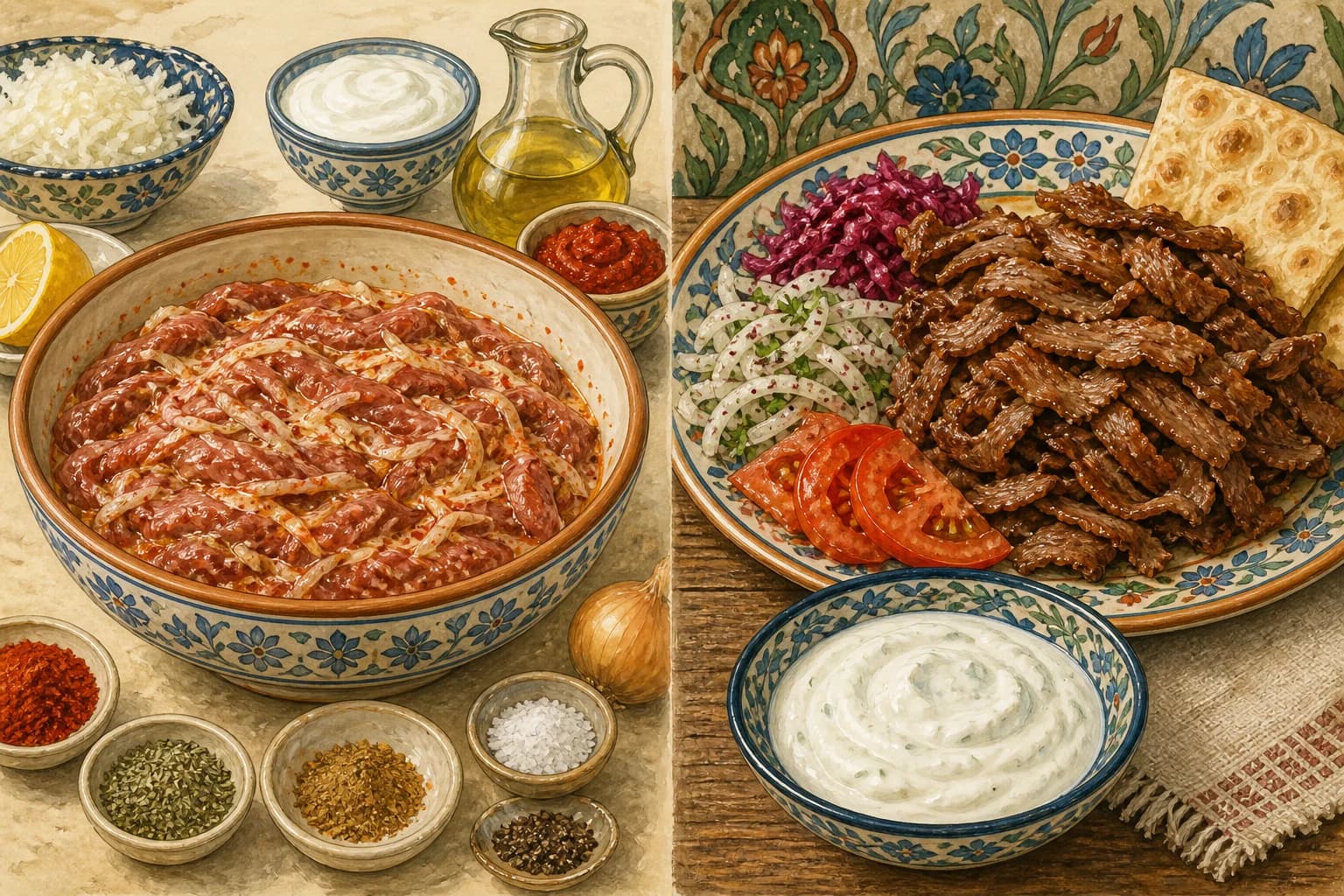 Comparison between marinated raw meat and sauce served with cooked döner