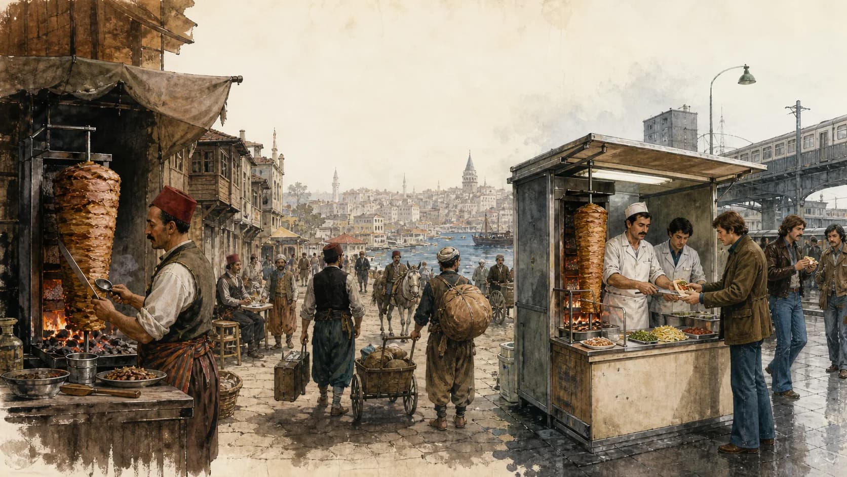 Transition illustrée d’une échoppe ottomane vers un comptoir de döner du Berlin des années 1970
