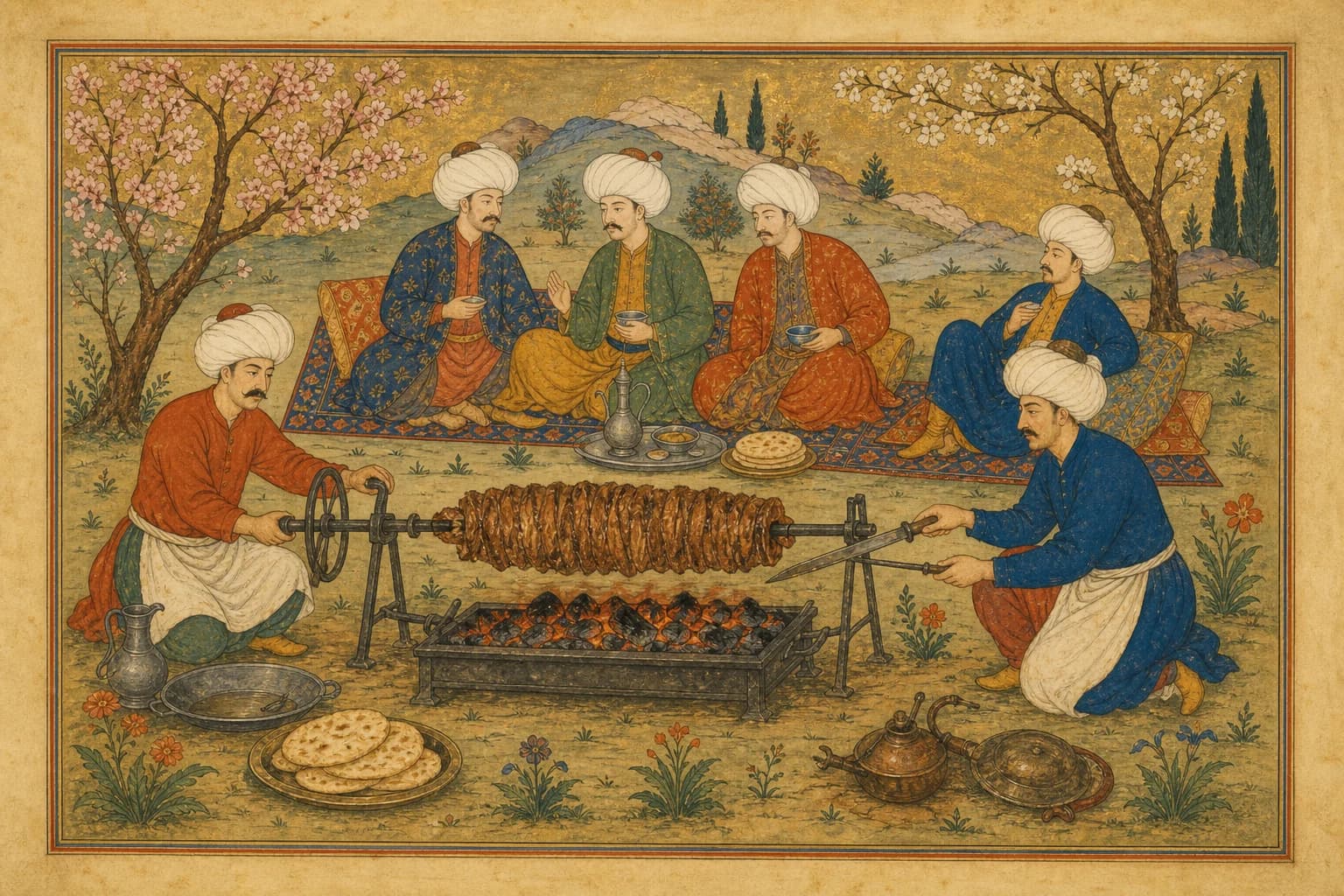 Meat roasting on a horizontal spit during an outdoor Ottoman meal