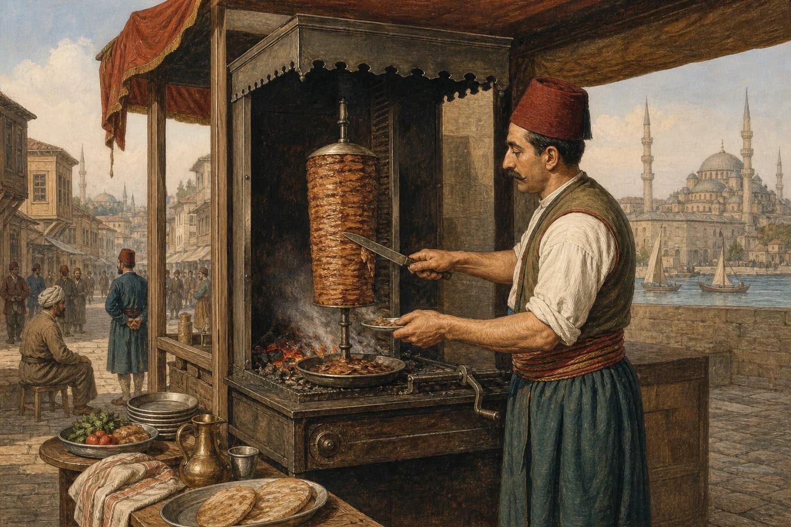 Ottoman cook slicing a vertical döner spit in the nineteenth century