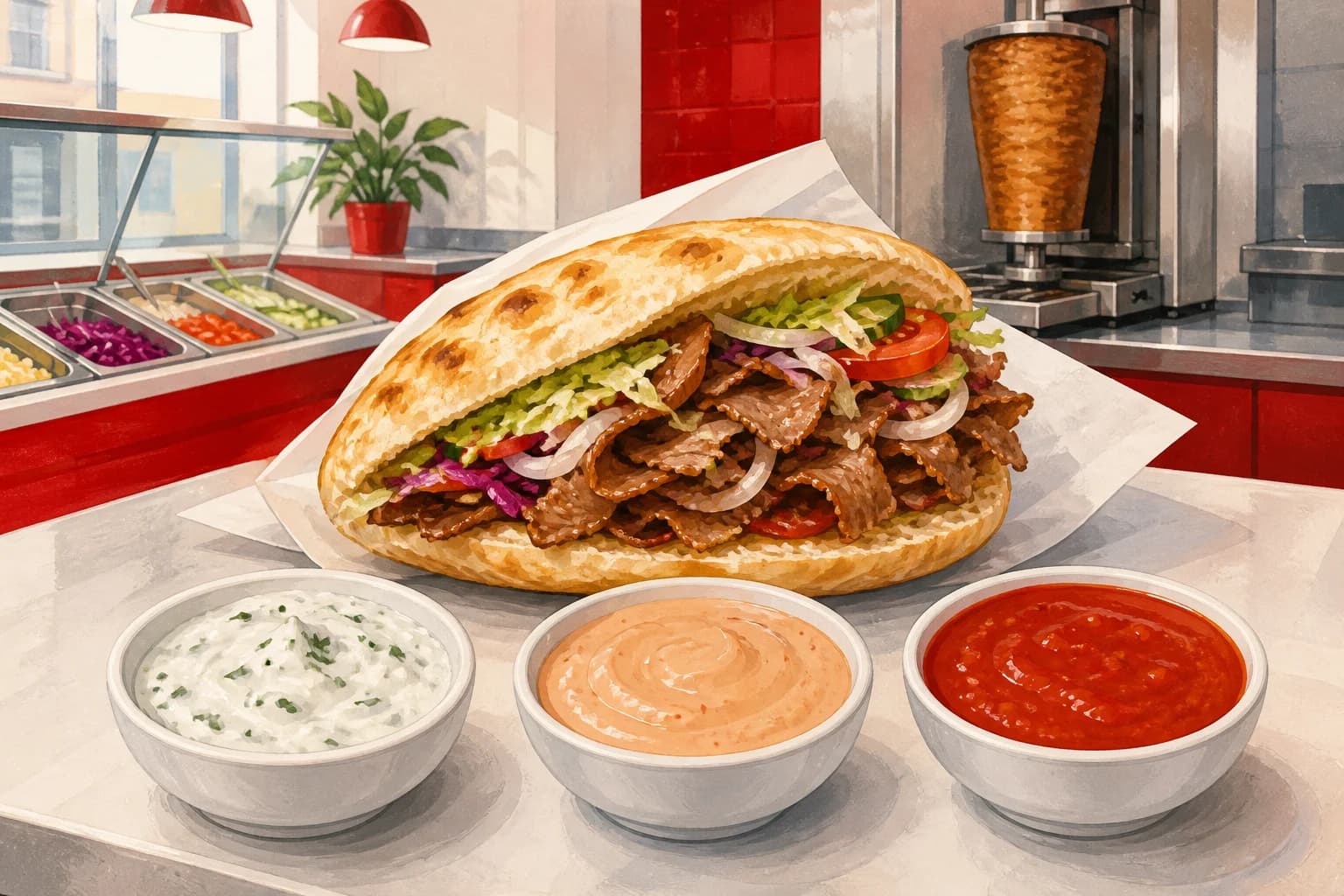 Modern Swiss kebab with white, cocktail and hot sauces